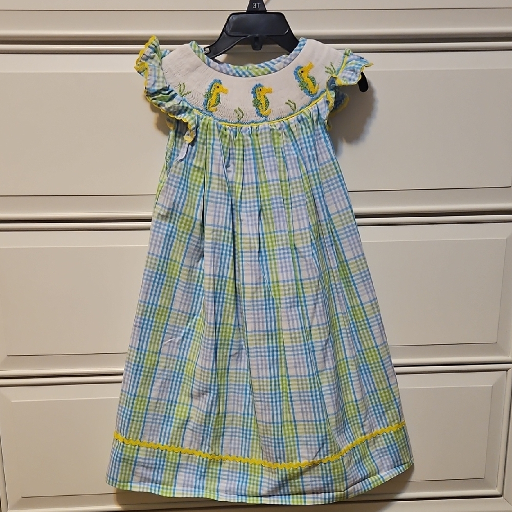 Plaid Kids Dress with Seahorse Embroidery
